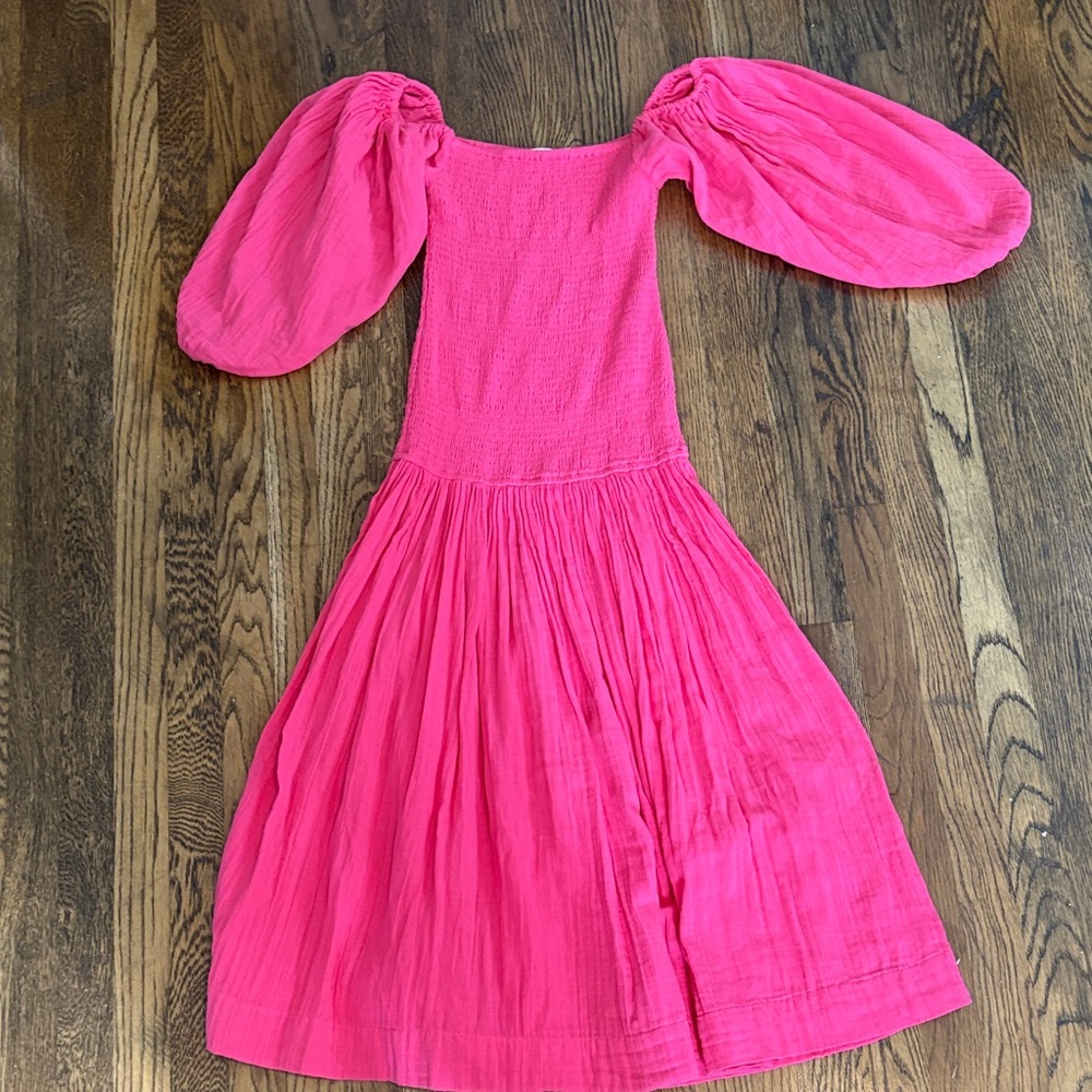 Rhode Pink Puff-Sleeve Smocked Bodice Dress